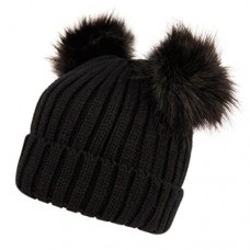 Mujer&apos;s Winter Chunky Knit Beanie Hat with Double Faux Fur Pom Pom Ears  eb-26905598